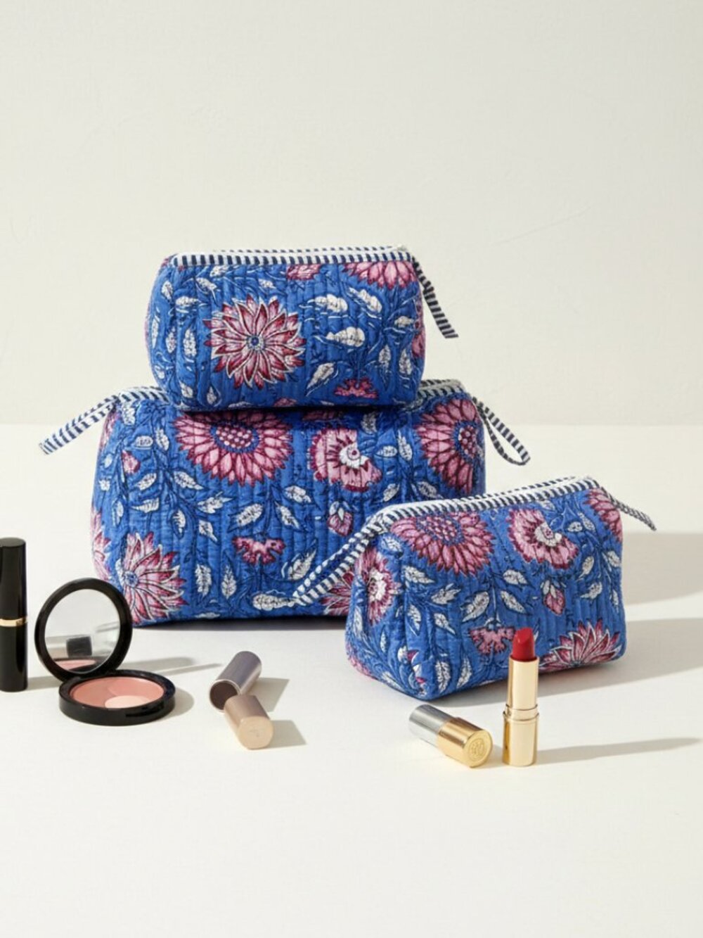 Set Of 3 Block Print Toiletry Bags, Cotton Makeup Bag, Cosmetic Bag Set Gift